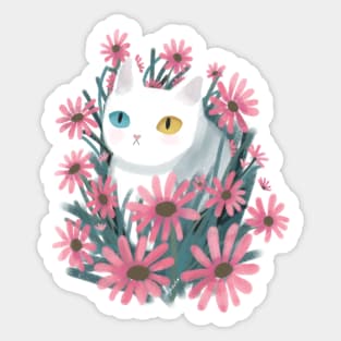 Cute white cat with flowers Sticker